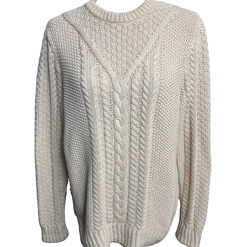 LL Bean Signature Cotton Aran Fisherman Cable Knit Sweater Womens Medium Cream